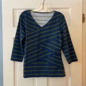 J. McLaughlin Catalina Cloth Top Blue Green Stripe 3/4 Sleeve V Neck Stretch L